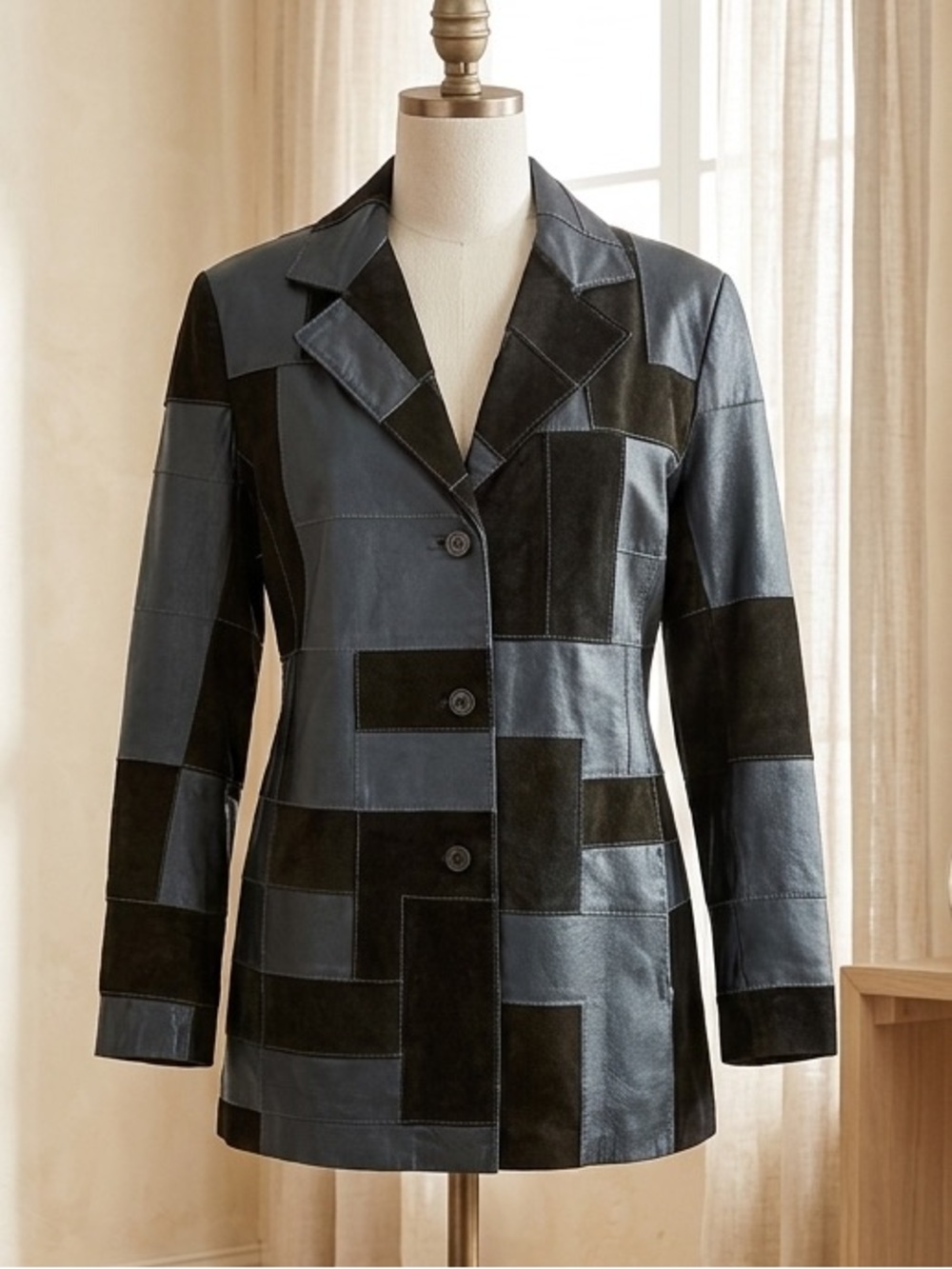 Black Patchwork Leather Jacket By Dennis Basso Women's Size Small